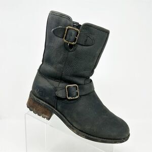 Ugg Black Leather Mid-Calf Heeled Boots Size 8 Adjustable Buckle Straps